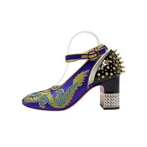 Gucci‎ Purple Embroidered Mary Jane Heels Spiked Block Heel 37